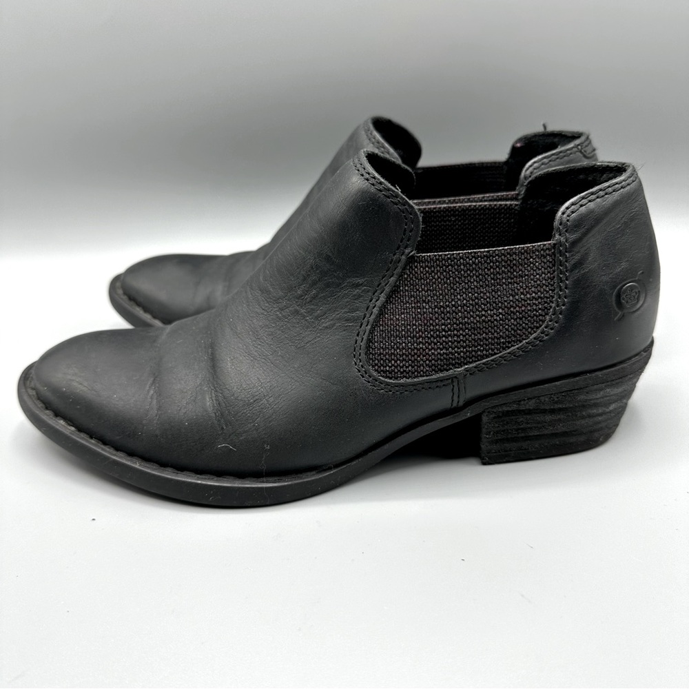 Born Boots Ankle Booties Block Heels Slip On Black Leather Womens Size 6 M